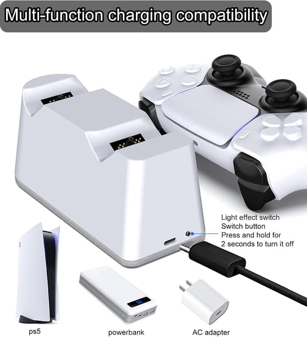 Laderstasjon - For Ps5-kontroller, med justerbart RGB-lys, 2 timers hurtiglading