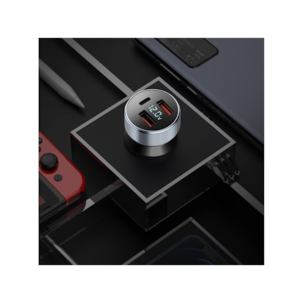 USB Billader USB C Med LED Voltmeter Hurtiglading Grå