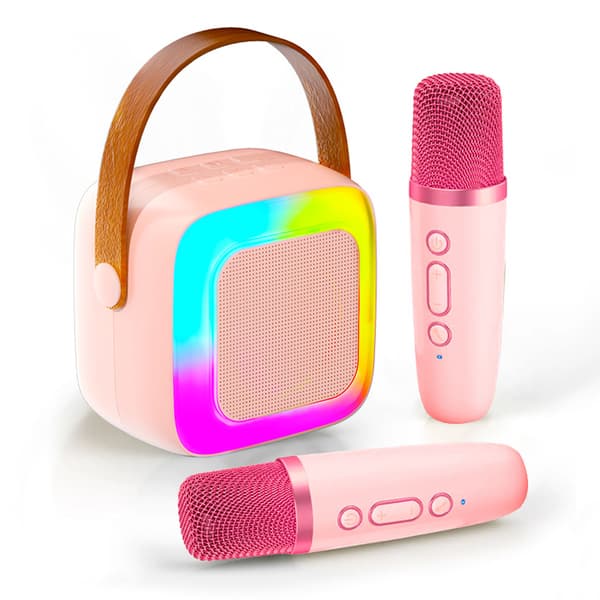 Bluetooth-karaokekaiutin, 2 langattomalla mikrofonilla ja RGB-valolla (pinkki)