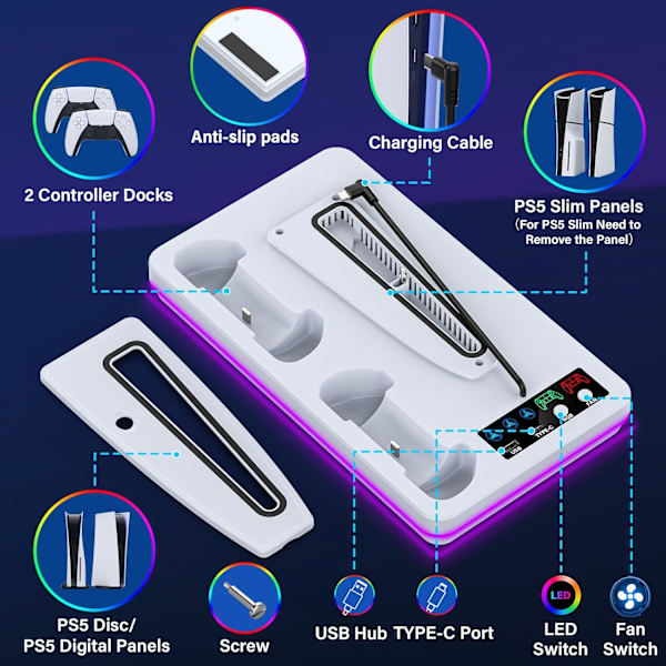 Køleventilator - Med stativ og controller-ladestation til Ps5/Ps5 Slim/Ps5 Pro (hvid)