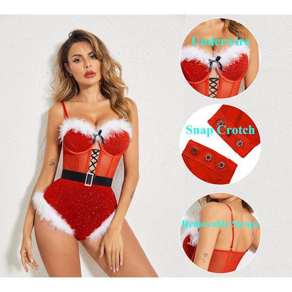 Underkläder för kvinnor Snap Crotch Bodysuit Jultomtedräkter Djup V Boudior Outfits