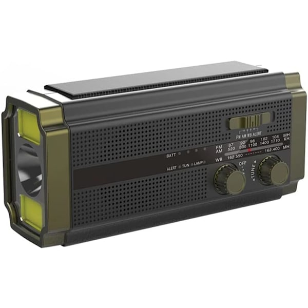 Nödradio med solcell och handvev 5000Mah, 5 strömförsörjningslägen (Grågrön)