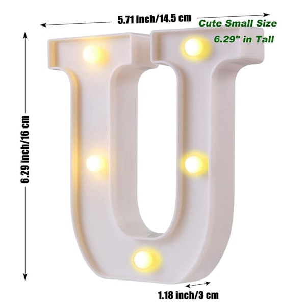 LED-bokstavlys med bryterdesign, vanntett alfabetbokstav nattlyslampe for fest, klubb, bar, bokstav U