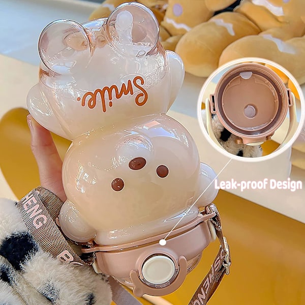 Bear vesipullo oljella, Kawaii vuotamaton vesikannu säädettävällä olkahihnalla retkeilymatkoille 1000ml Brown