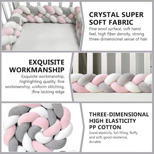 Sengebeskytterfletning, tremmesengsbeskyttelse 3-strenget fletningsdesign (hvid, lysegrå, lyserød)