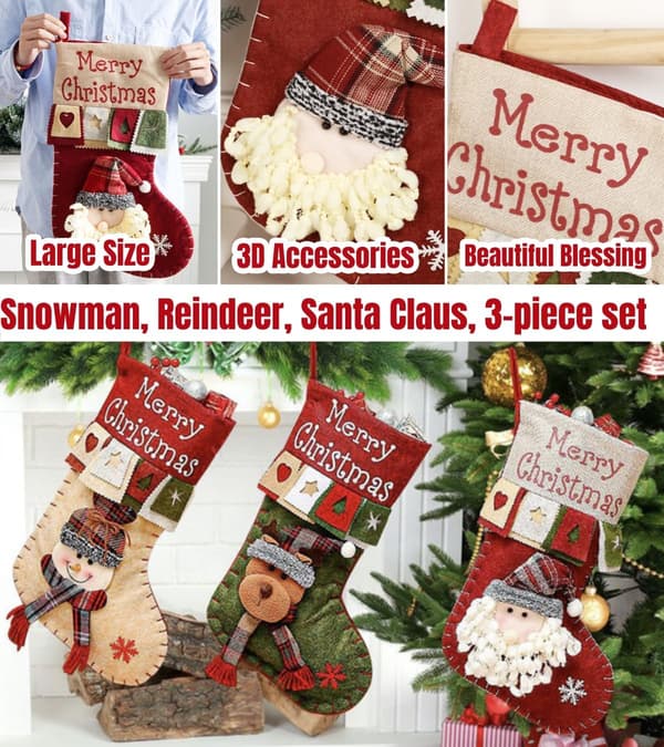 Julstrumpa 3-pack Retro, 45 cm Storlek Santa, Snögubbe