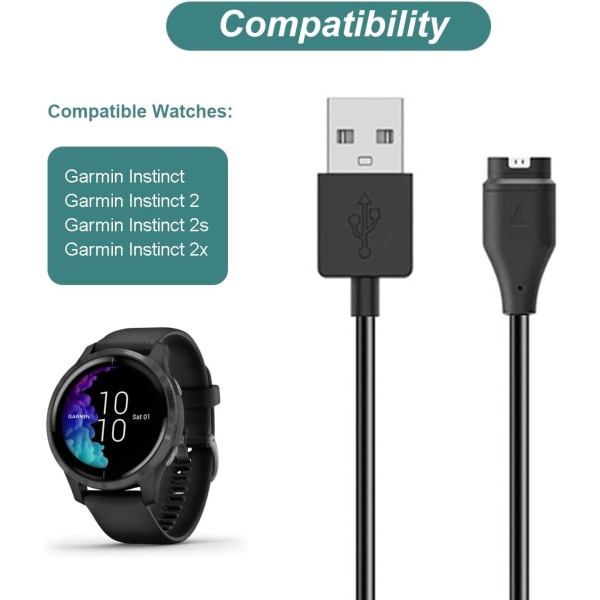 Kissmart lader for Garmin Instinct, Instinct 2, Instinct 2S, Instinct 2X, erstatningsladekabel og svart silikonstøvpropp (2-pakning)