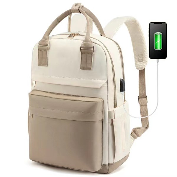 Laptopryggsekk for kvinner 15 tommer, med USB-port, vanntett reise-ryggsekk Khaki