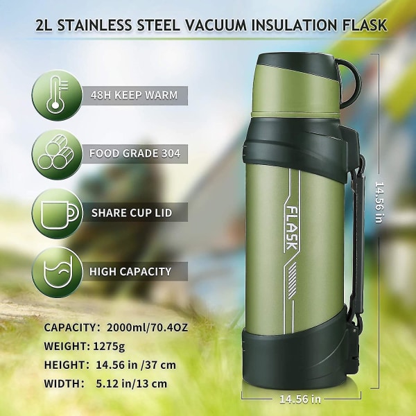 Termosflaske 2L bærbar reiseflaske i rustfritt stål (grønn)