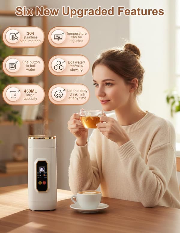 Elkedel, 650 ml og 6 temperaturindstillinger LED-display, 304 rustfrit stål