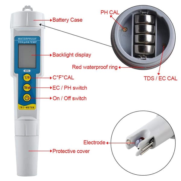 Digital PH-måler, 3-i-1 PH/EC/temperaturmåler for vannkvalitet