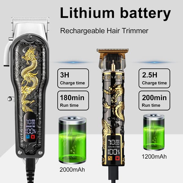 Hårtrimmer, med LED-display, professionelt ledningsfrit barbersæt (sort guld)