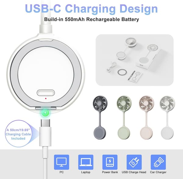 Magnetisk Telefonventilator, Genopladelig med Ringholder USB (Hvid)