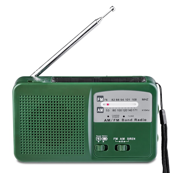Aurinkovoimalla toimiva käsikampi FM/AM-radio LED-taskulampulla ja sireenillä (vihreä)