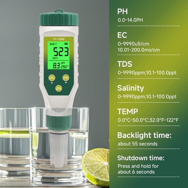 PH-måler og TDS-måler, 5 i 1 vandtester pH/TDS/EC/Salt/Temp, med LCD-baggrundsbelysning