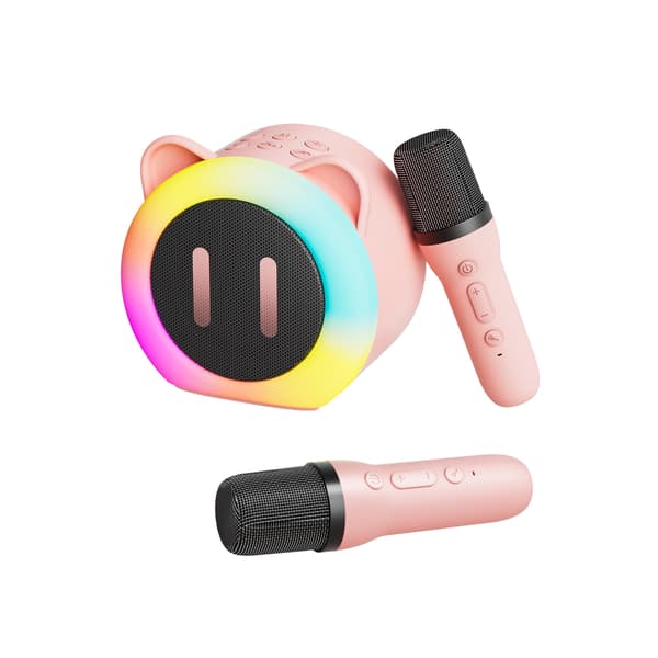 Bluetooth Karaoke-højttaler med 2 trådløse mikrofoner (lyserød)