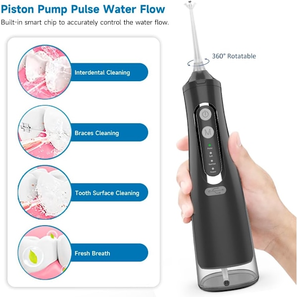 Oral Irrigator - 310 ml vattentank, uppladdningsbar, IPX7 vattentät, svart