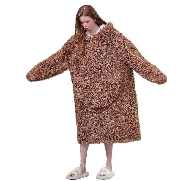 Pullover Hooded Plys Lazy Clothes Tykket varmt hjemmetøj Brown