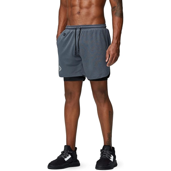 2 i 1 löparshorts med telefonficka Gym Workout Snabbtorka herrshorts 5 tum Grey Medium