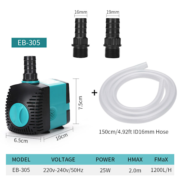 Dränkbar fontänvattenpump (1200L/H, 25W) med 2 munstycken, 2 meter lyfthöjd, 1,5 meter vattenslang