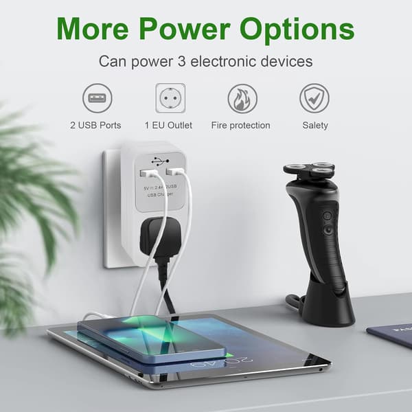EU-pluggadapter med 2 USB-porter, 1-veis stikkontakter (2-pakning)