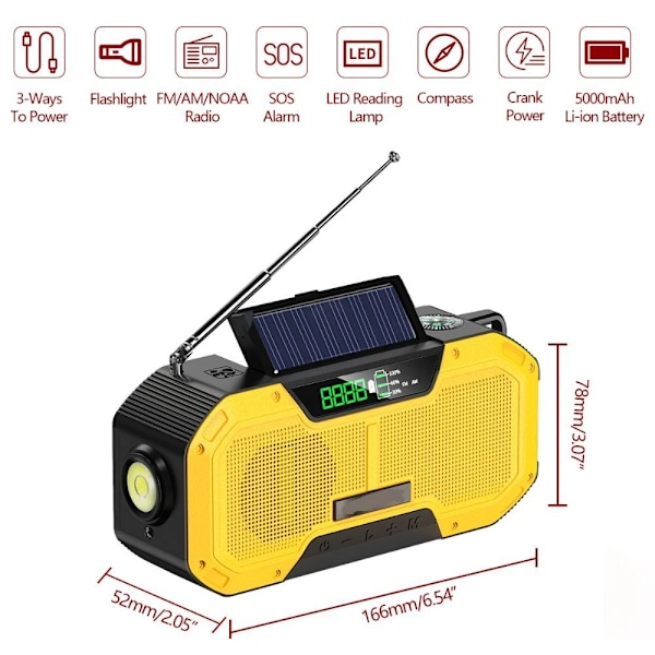 Aurinkoradio, LED-hätäradio aurinkoenergialla, aurinkovoimalla toimiva hätävalaisin (keltainen)
