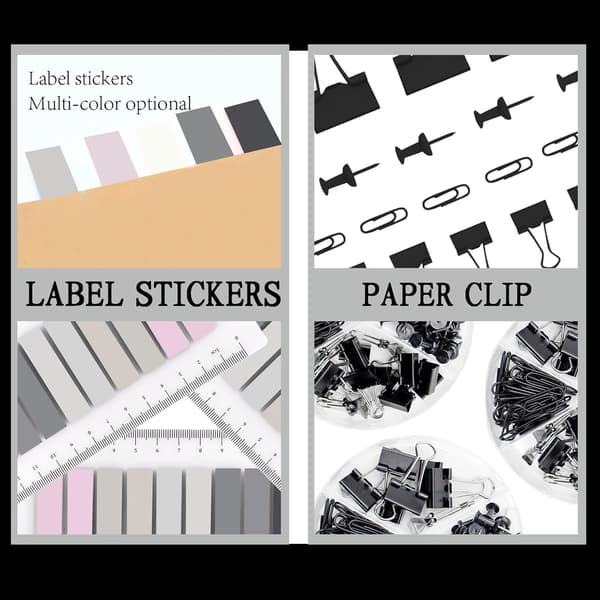 Sort hæftesæt og tapedispenser sæt med hæftemaskine, tapedispenser, hæftefjerner, hæfteklammer, clips