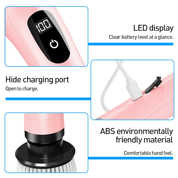 Elektrisk rengöringsborste, levereras med 3 utbytbara borsthuvuden, LED-display (rosa)