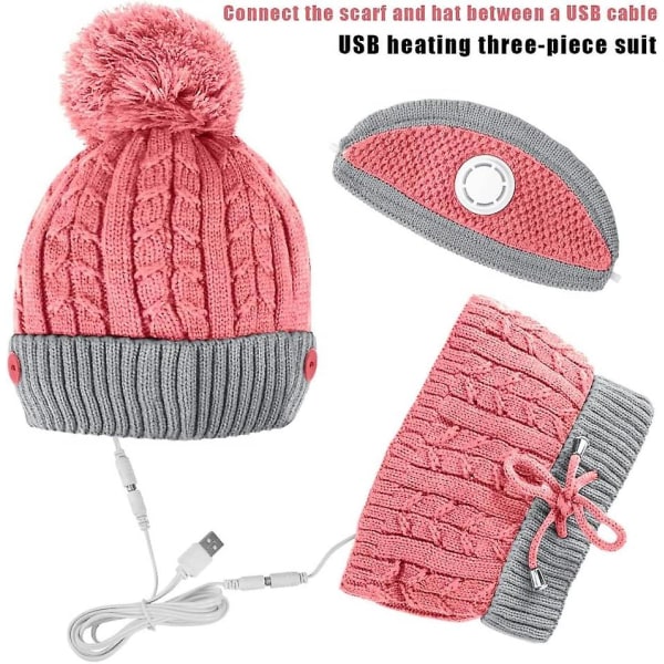 Opvarmet huetørklædesæt, ny vinterhue varm tyk beanie cap halssløjfe halstørklæde med usb ladekabel pink