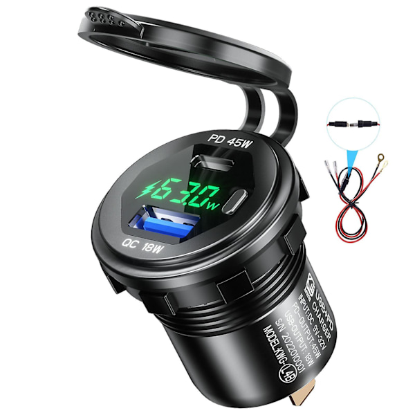 45W Type C Pd+18W For Qc 3.0 USB-lader Med Bryter Voltmeter Telefonlading So Green