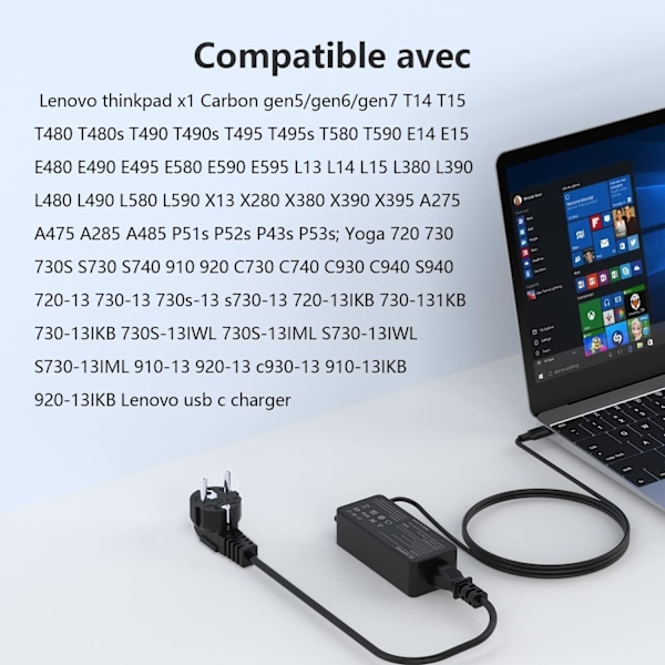 Lader til Lenovo ThinkPad T14 T15 T480 T480s T490 T580 T590 X13 65W USB C Strømadapter