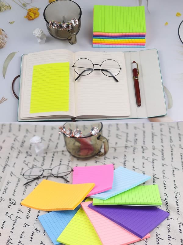 Notesblok - Linjerede sticky notes 4x6 tommer, 8 farver selvklæbende notesblokke, 40 ark/blok