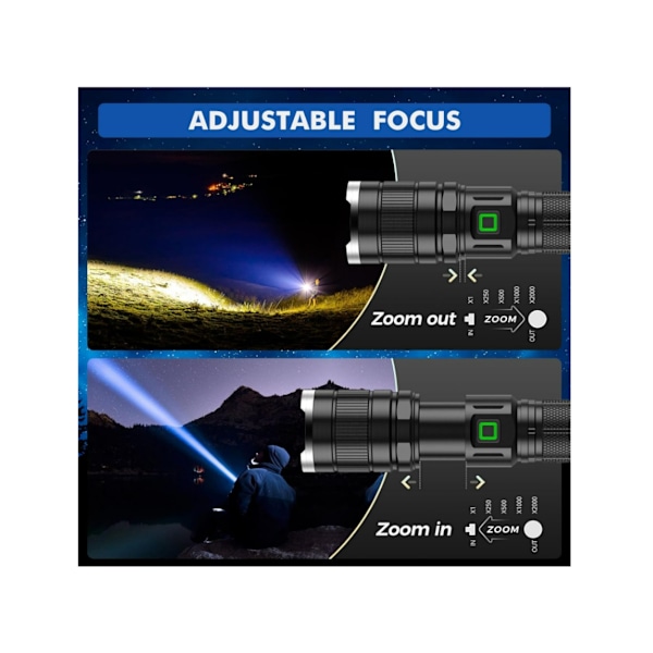 Paket Uppladdningsbar Ultraljus LED Ficklampa 6 000 Lumen Batteridriven 3 Ljuslägen Svart