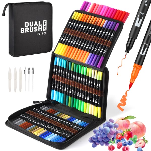 Sett med 72 Dual Tip Brush Marker Penner med Etui