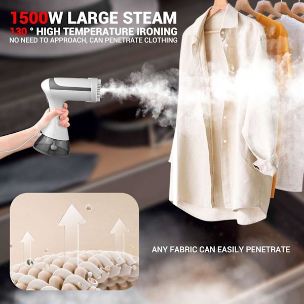 Håndholdt tøjdamper, 1500 Watt hurtig opvarmning, 300 ml vandtank (hvid)