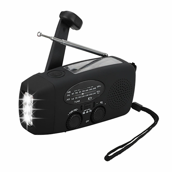 Emergency Solar Hand Crank Am/fm Weather Radio Led Lommelykt Lader Black