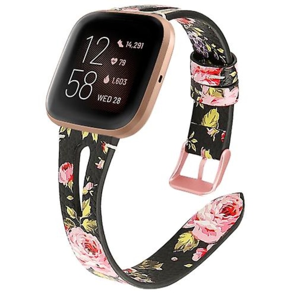 För Fitbit Versa 2 Läder Mellanöppning Watch Band IDZ Black Pink Flower