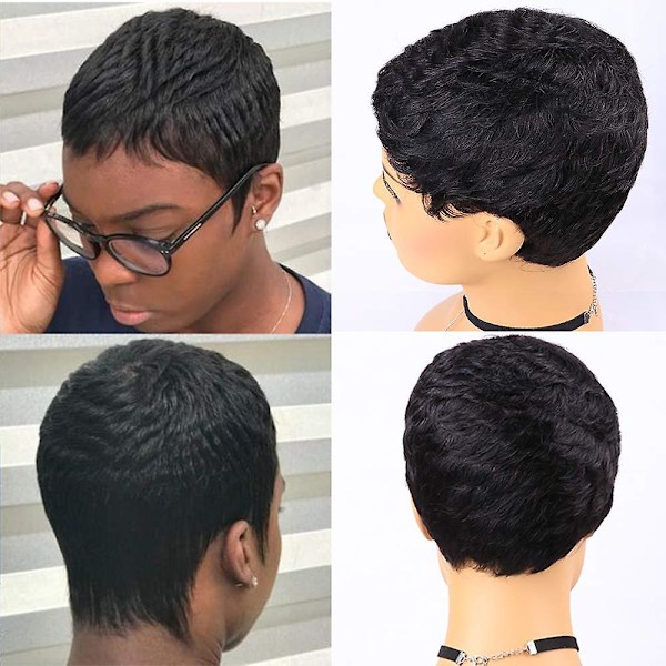 Kort människohår Pixie Peruker Pixie Cut Korta svarta vågiga peruker Layered Kort människohår Peruker för svarta kvinnor (pixie Cut Peruker, 1b#)
