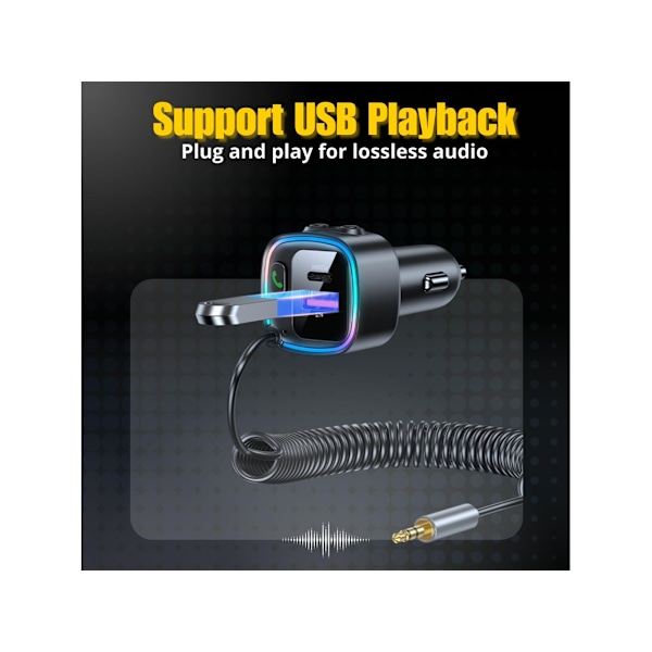 Bluetooth 5.4 Aux Biladapter, Dobbelt USB C/A, Håndfri, USB Flash Drive Support (Sort)