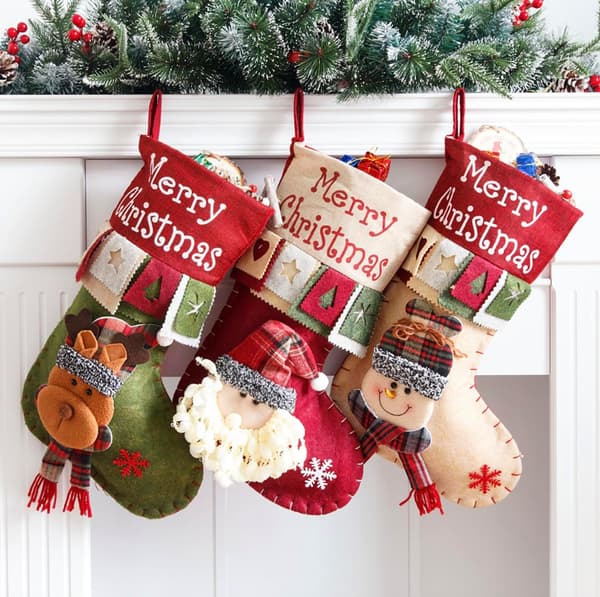 Julstrumpa 3-pack Retro, 18\" Stor Storlek Tomte, Snögubbe