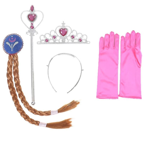 4 stk Girls Frozen Elsa Princess Hairpiece Crown Wand & Gloves Kostymetilbehør Pink