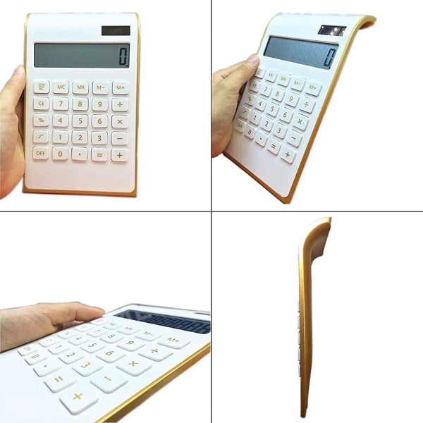 Lommeregner, 10-cifret solcellebatteri Basic, dobbeltdrevet desktop-beregner, vippet LCD-skærm, skråtstillet design slank skrivebordsberegner White