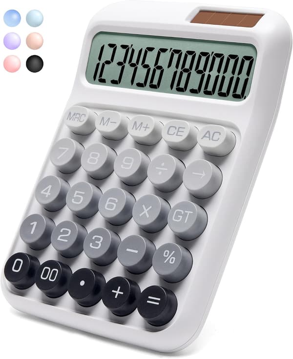 Skrivebordslommeregner, 12 cifre, stort LCD-display, store knapper, sol- og batteridrevet (grå)