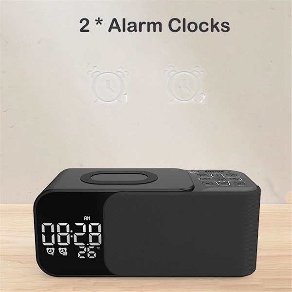 Digital Stereo FM-radio väckarklocka nattlampa Bluetooth-högtalare 10W trådlös laddare - Blå