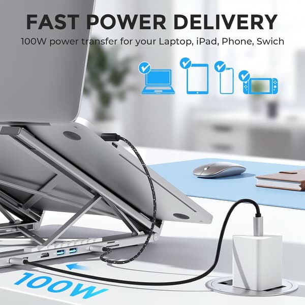 USB-C-kannettavan telakointiasemateline, tablettiteline, 8-in-1 USB-C-keskitin