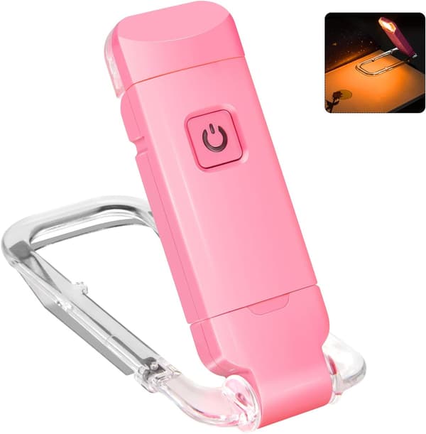 USB oppladbar boklampe for nattlesing i seng, LED-leselys med klips (rosa)