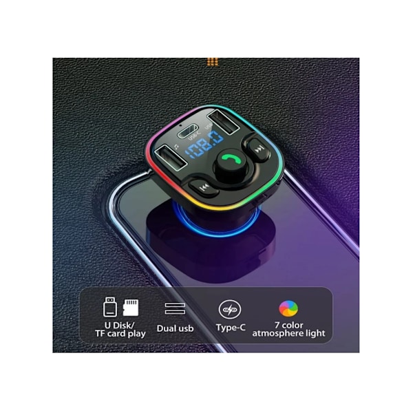 Trådlös Bluetooth Bil FM-radiosändare Adapter med Handsfree-samtal 2 USB 1 Type-C PD-laddare,