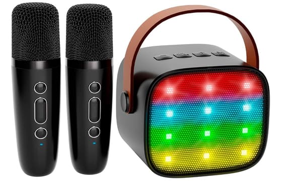 Bluetooth-karaokekaiutin, 2 mikrofonilla, LED-valoilla ja äänenvaihtajalla (musta)