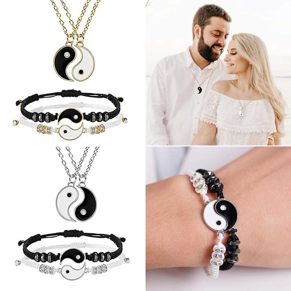 Tai Chi Yin Yang Armband Halsband Set Alloy Hänge Justerbar Braid Chain Silver