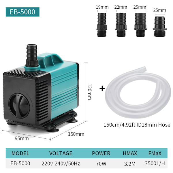 Vandpumpe Nedsænkbar Fontæne (3500L/H, 70W) Med 4 Dyser 3,19m Løftehøjde, 1,5m Vandrør